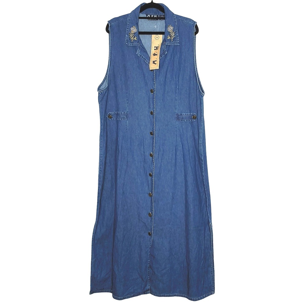Cottagecore M.P.H. Blues Denim Jumper Maxi Dress Women 26 Floral Embroidered